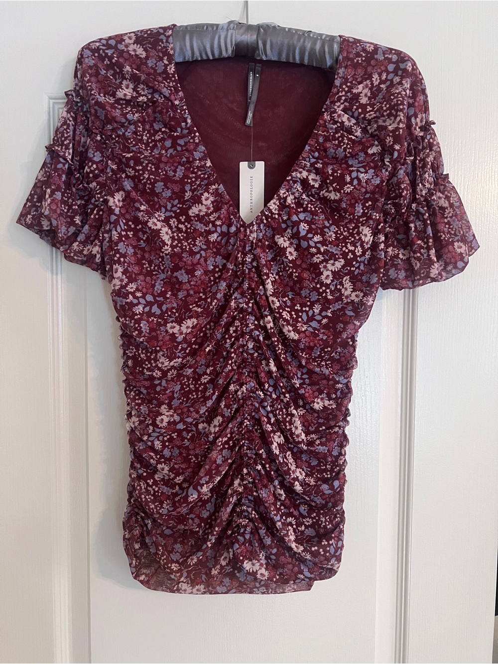 NWT Ruched Floral V-Neck Women's Top in Plum